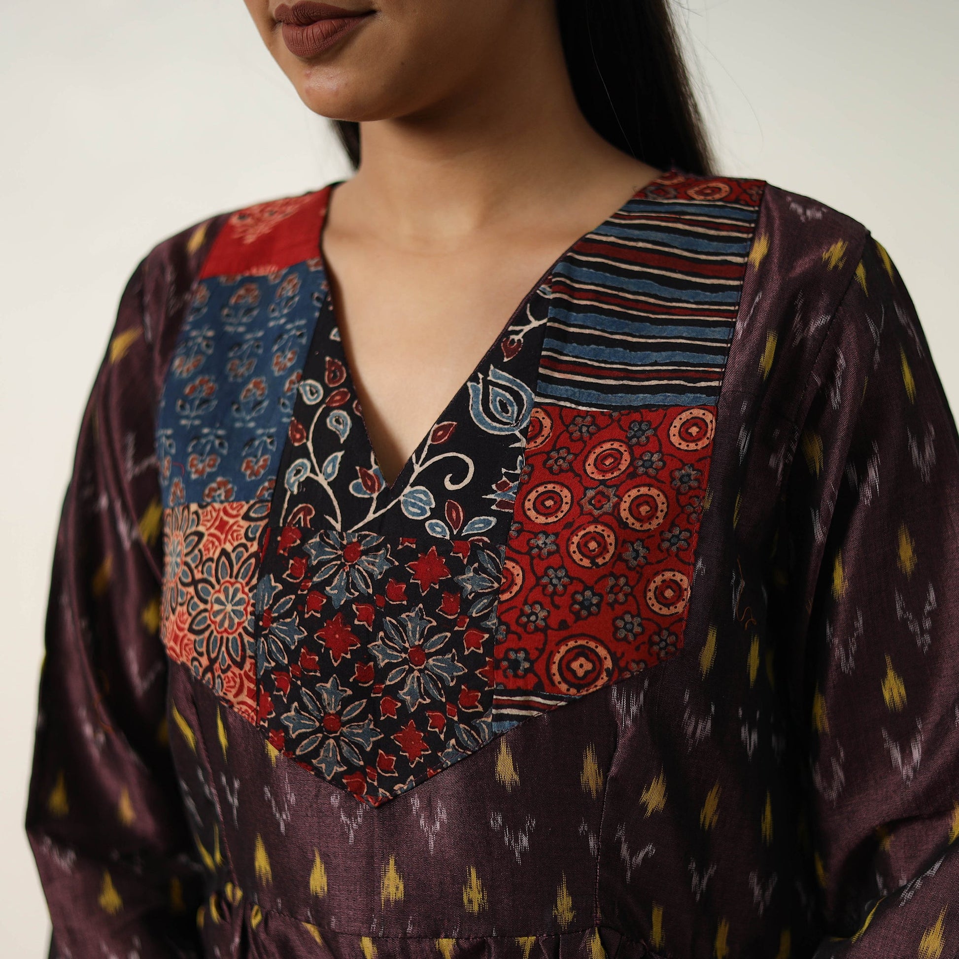 Brown - Mercerized Cotton Flared Pochampally Ikat Dress 03