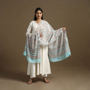Blue - Block Print Mul Cotton Sanganeri Floral Dupatta 32