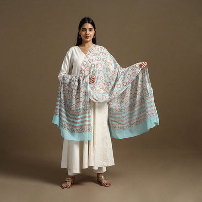 Blue - Block Print Mul Cotton Sanganeri Floral Dupatta 32