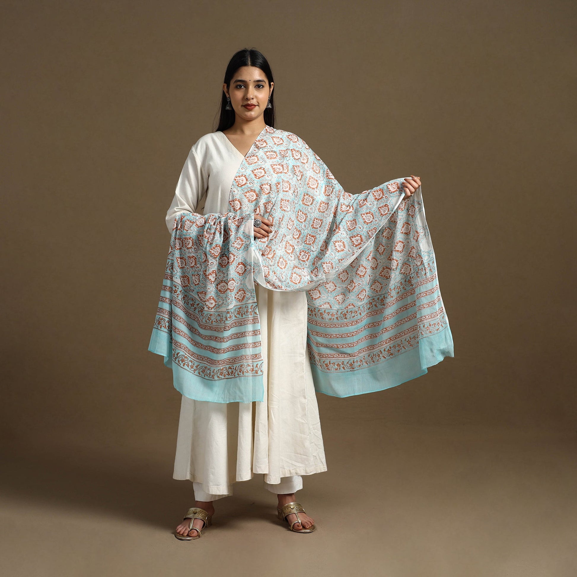 Blue - Block Print Mul Cotton Sanganeri Floral Dupatta 32