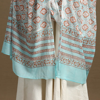 Blue - Block Print Mul Cotton Sanganeri Floral Dupatta 32