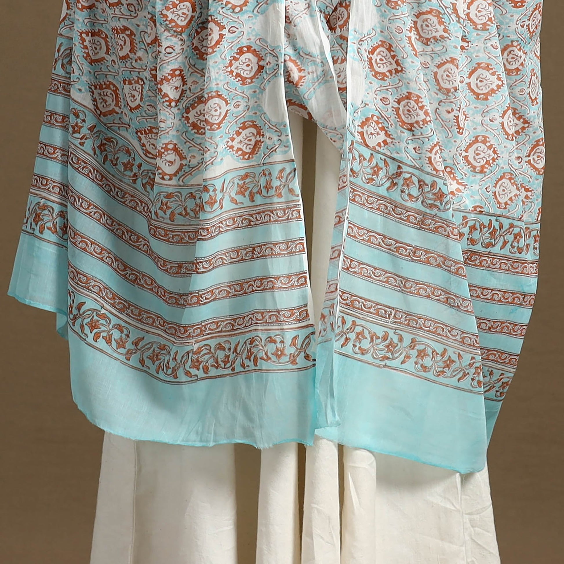 Blue - Block Print Mul Cotton Sanganeri Floral Dupatta 32