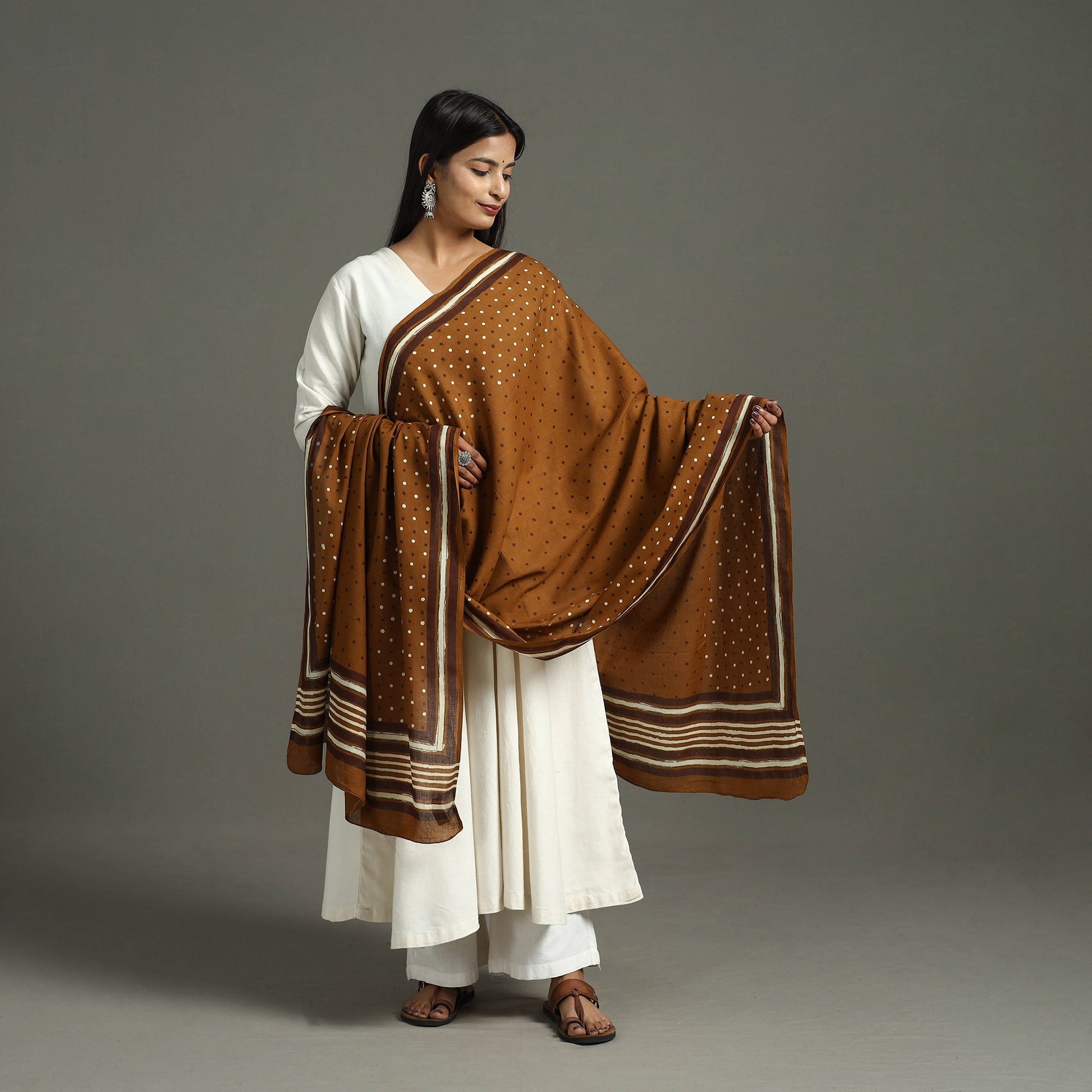 Brown - Block Print Mul Cotton Dabu Bagru Dupatta 13