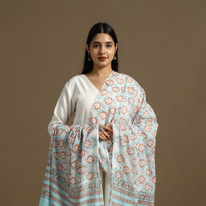 Blue - Block Print Mul Cotton Sanganeri Floral Dupatta 32