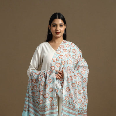 Blue - Block Print Mul Cotton Sanganeri Floral Dupatta 32
