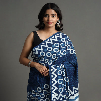 Blue - Bagru Dabu Block Printed Mul Cotton Saree