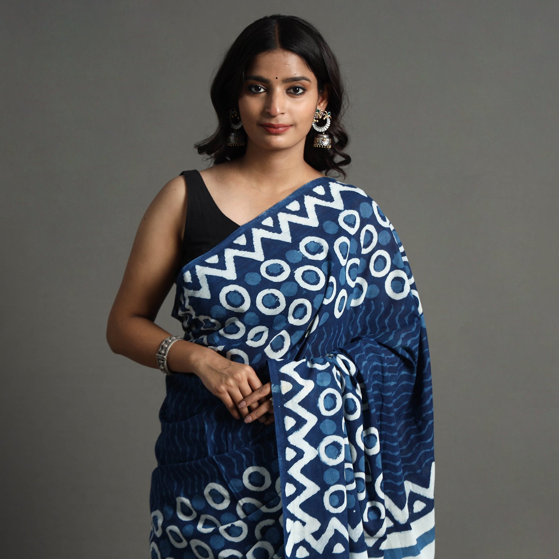 Blue - Bagru Dabu Block Printed Mul Cotton Saree