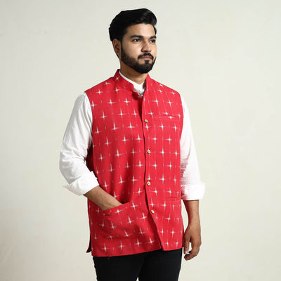 Black - Pochampally Double Ikat Handloom Cotton Men Nehru Jacket 09