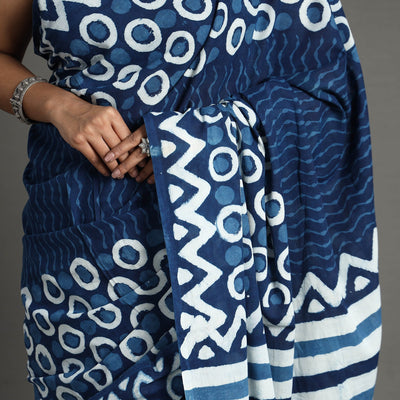 Blue - Bagru Dabu Block Printed Mul Cotton Saree