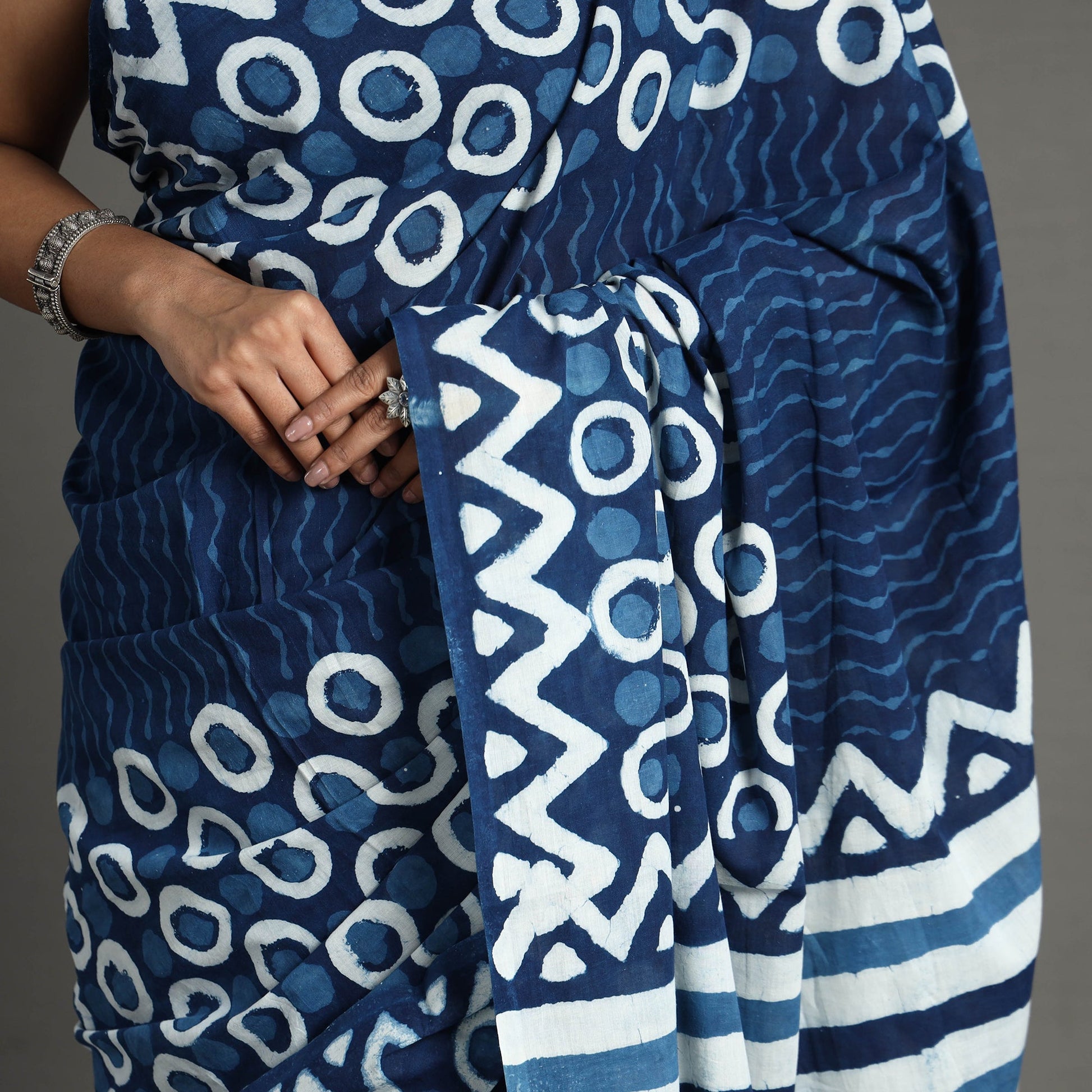 Blue - Bagru Dabu Block Printed Mul Cotton Saree