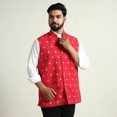 Black - Pochampally Double Ikat Handloom Cotton Men Nehru Jacket 09