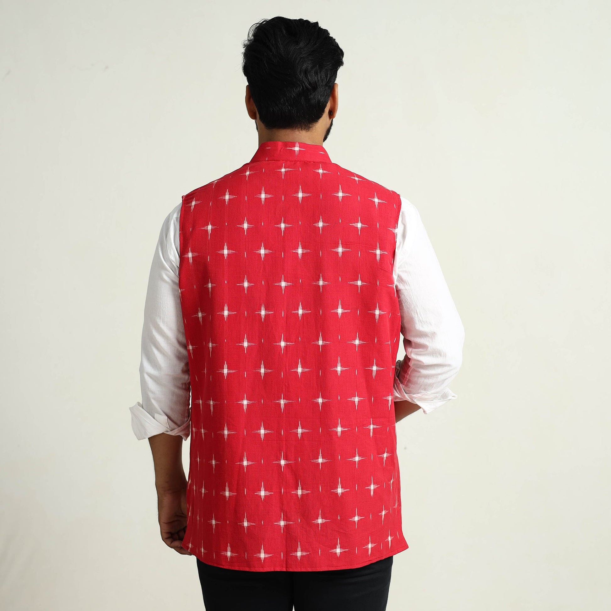 Black - Pochampally Double Ikat Handloom Cotton Men Nehru Jacket 09
