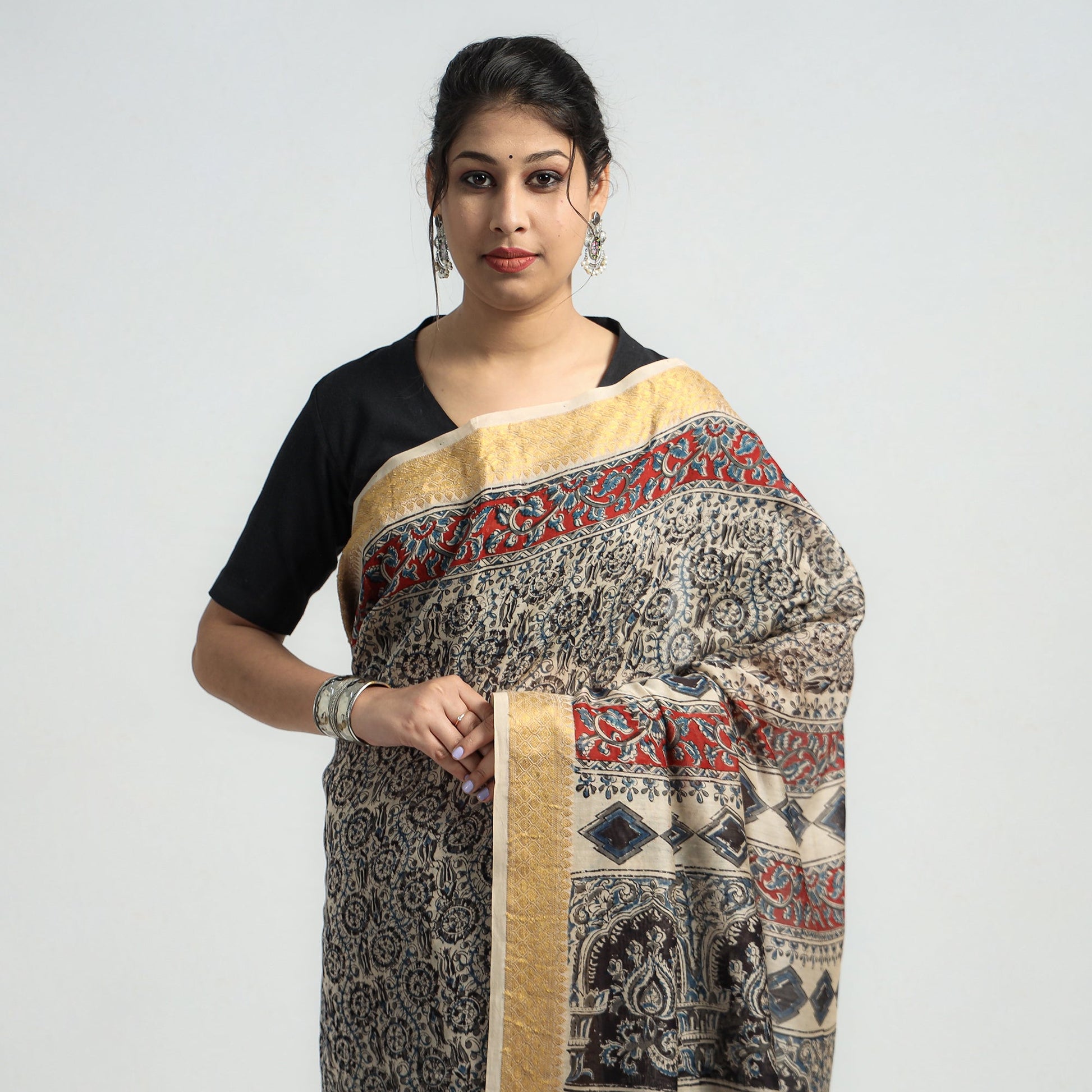 Black - Original Pedana Kalamkari Block Print Silk Saree