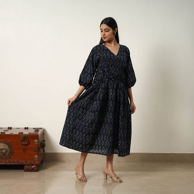 Black - Mercerized Cotton Flared Pochampally Ikat Dress 09