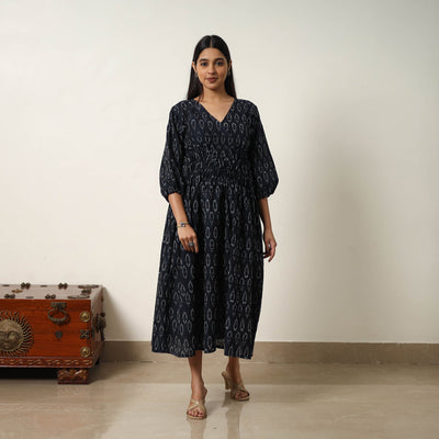 Black - Mercerized Cotton Flared Pochampally Ikat Dress 09