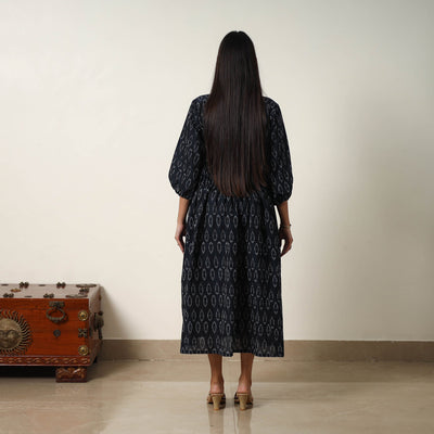 Black - Mercerized Cotton Flared Pochampally Ikat Dress 09