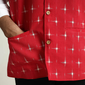 Black - Pochampally Double Ikat Handloom Cotton Men Nehru Jacket 09
