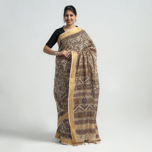 Brown - Original Pedana Kalamkari Block Print Silk Saree