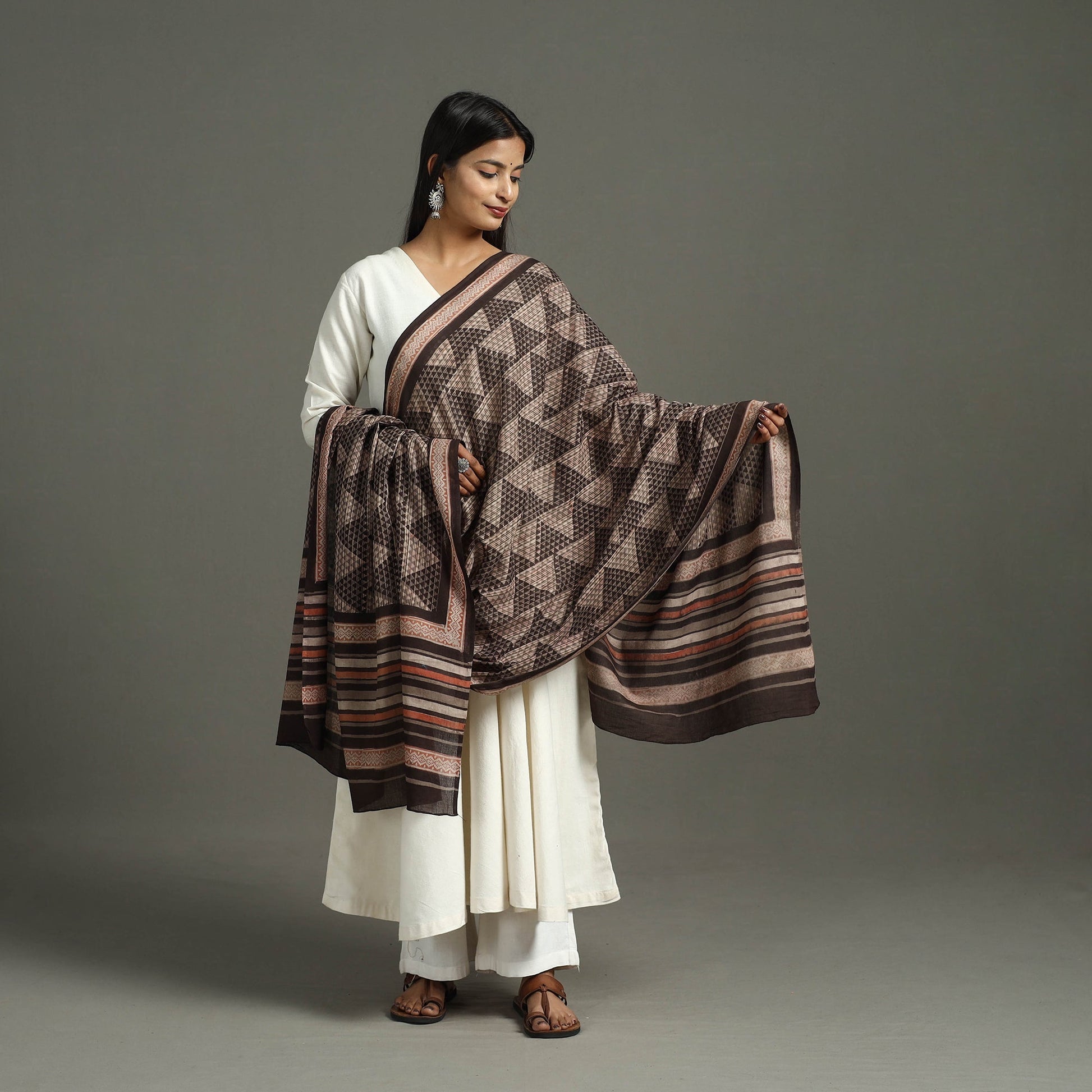 Brown - Block Print Mul Cotton Dabu Bagru Dupatta 14