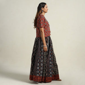 Black - Ajrakh Block Printed 24 Kali Patchwork Cotton Long Skirt 16