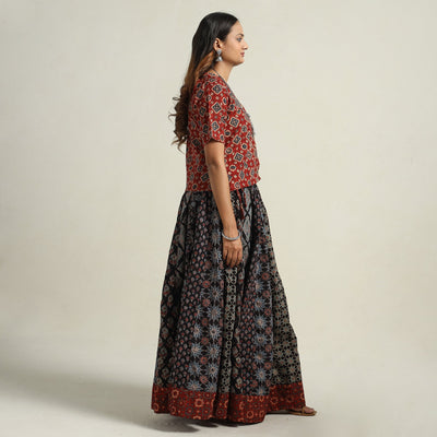 Black - Ajrakh Block Printed 24 Kali Patchwork Cotton Long Skirt 16
