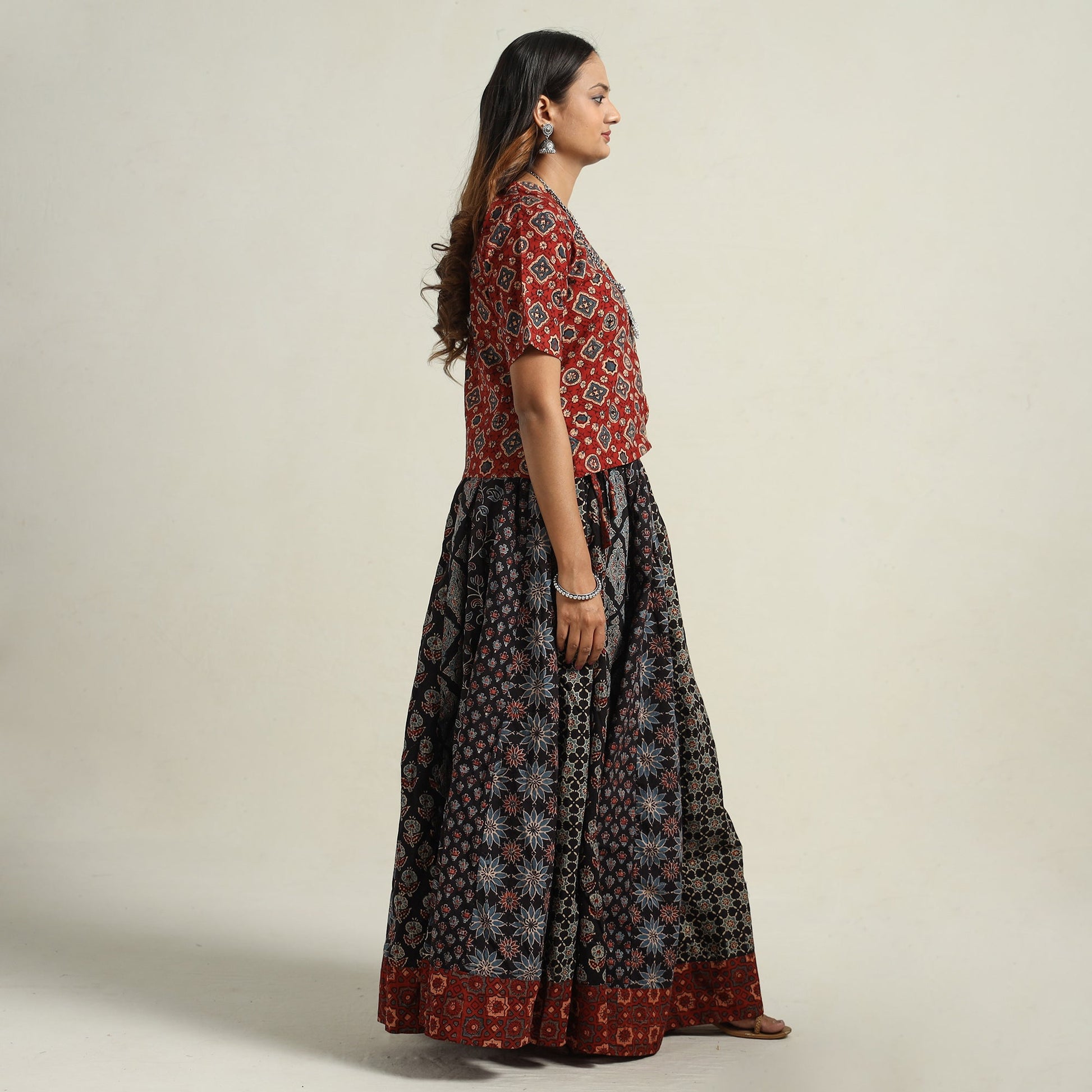 Black - Ajrakh Block Printed 24 Kali Patchwork Cotton Long Skirt 16
