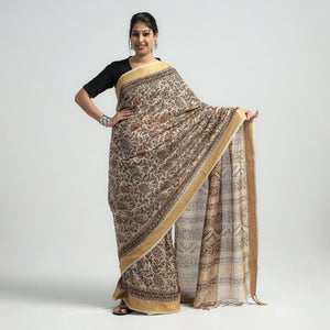 Brown - Original Pedana Kalamkari Block Print Silk Saree