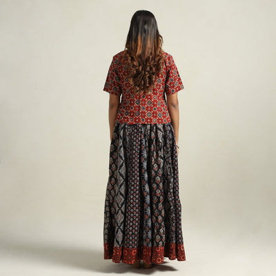 Black - Ajrakh Block Printed 24 Kali Patchwork Cotton Long Skirt 16