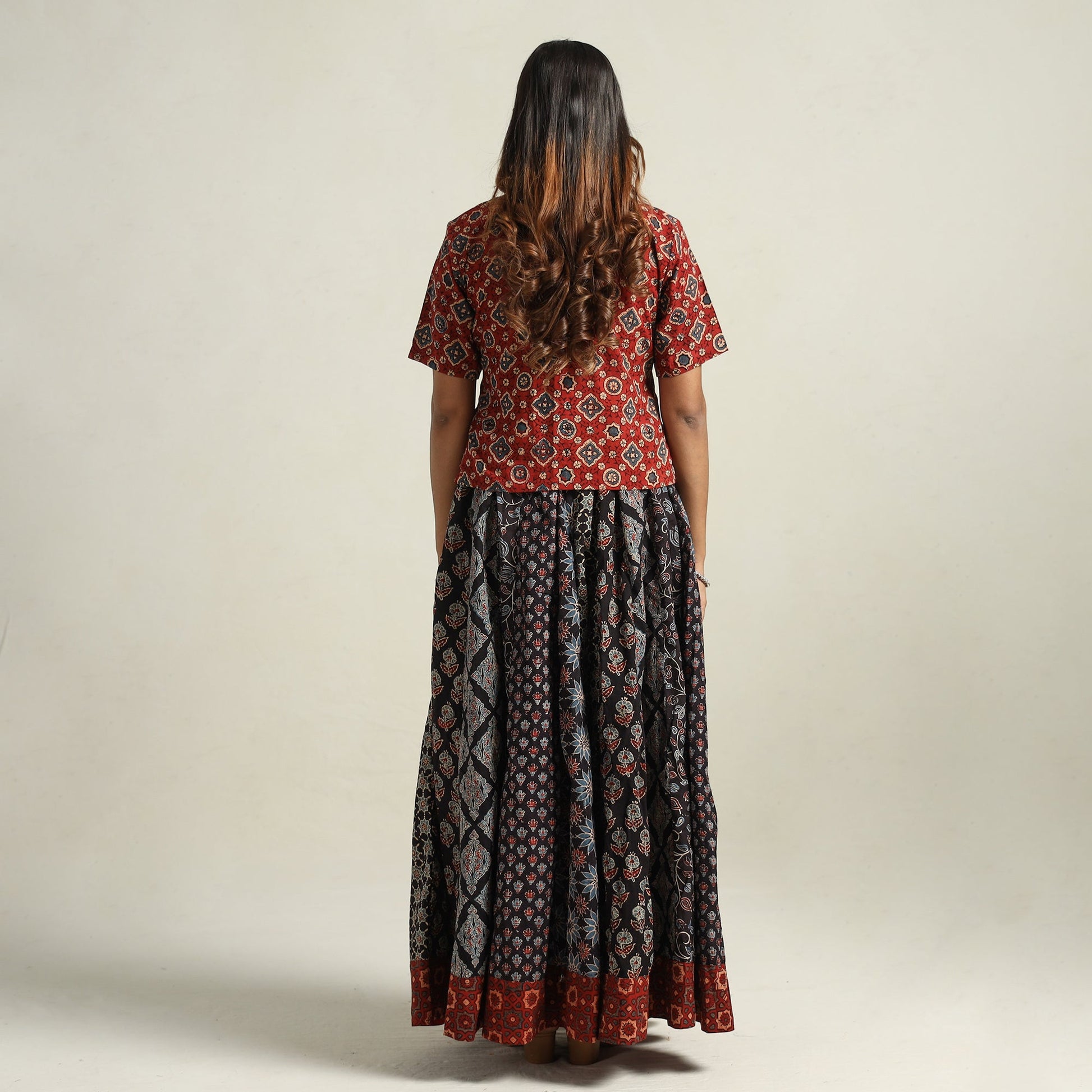 Black - Ajrakh Block Printed 24 Kali Patchwork Cotton Long Skirt 16