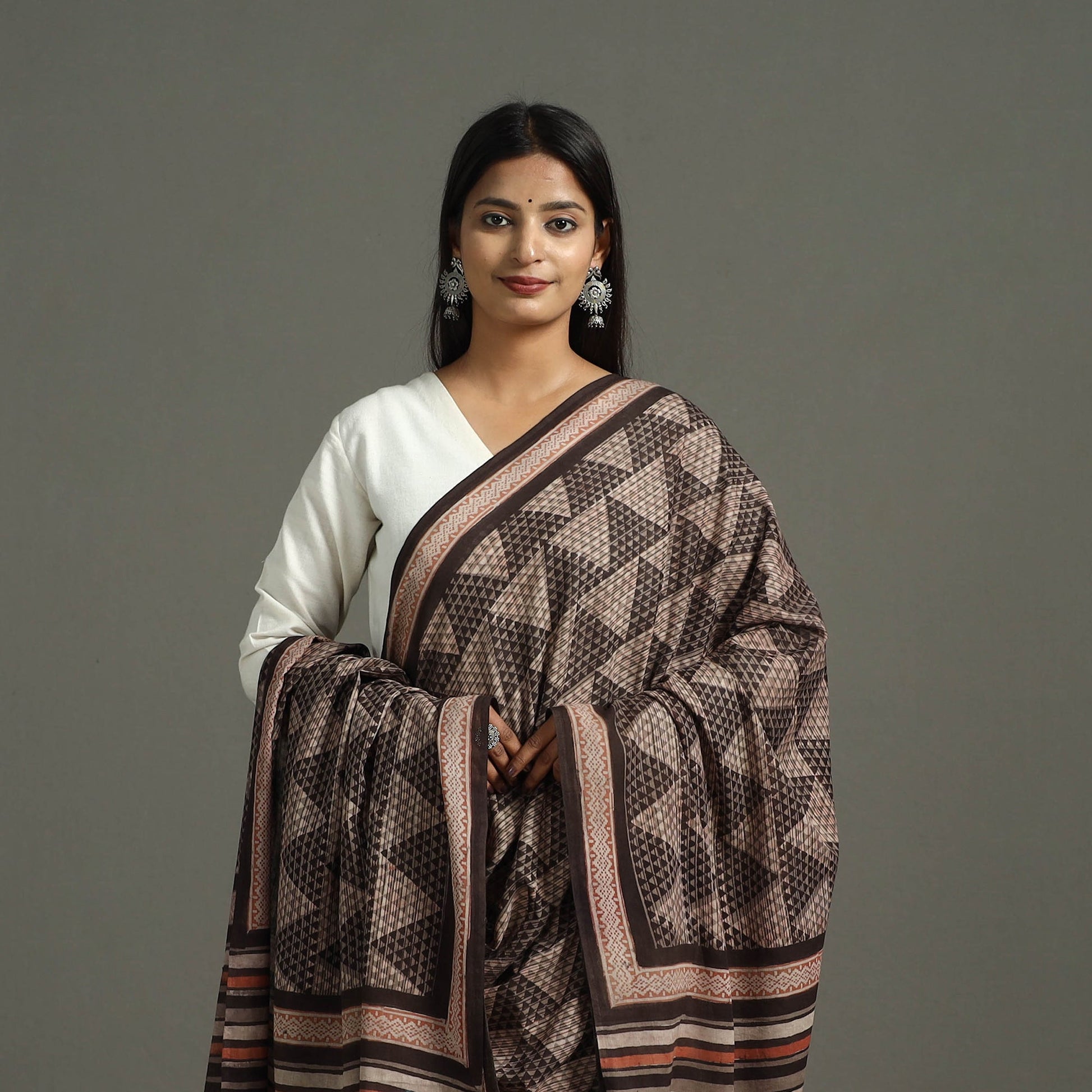 Brown - Block Print Mul Cotton Dabu Bagru Dupatta 14
