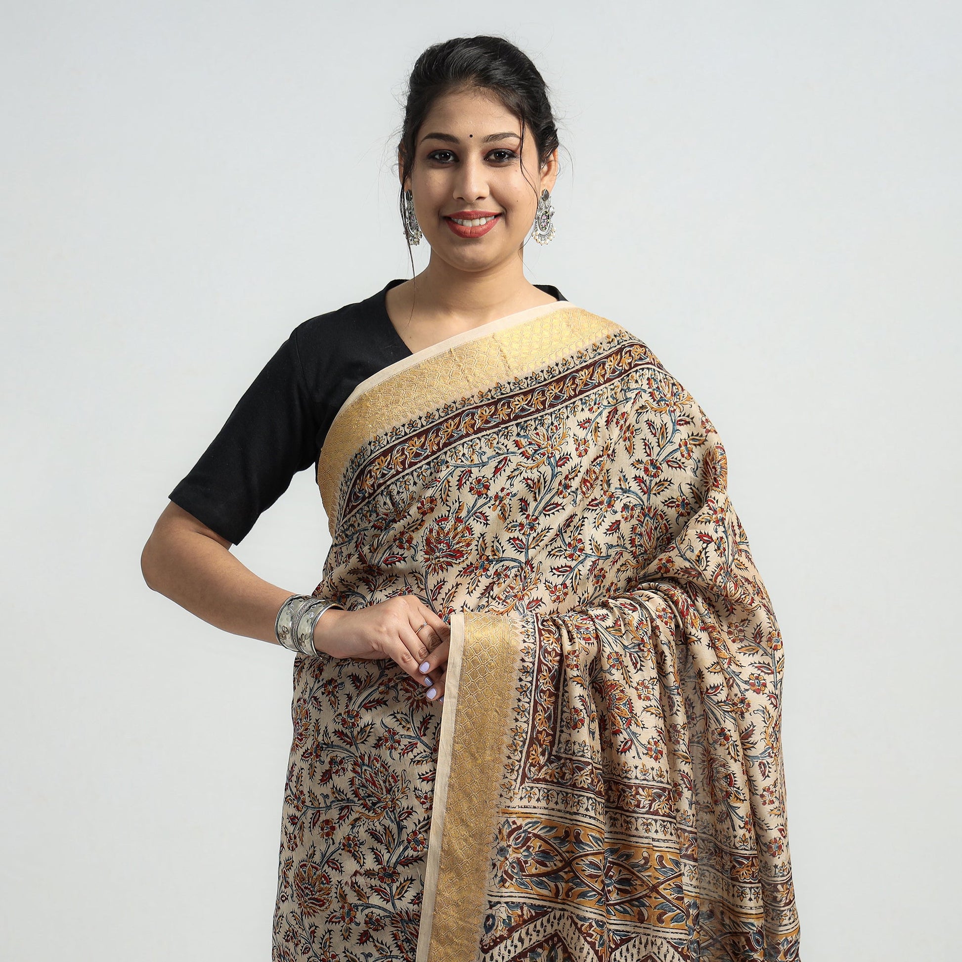 Brown - Original Pedana Kalamkari Block Print Silk Saree