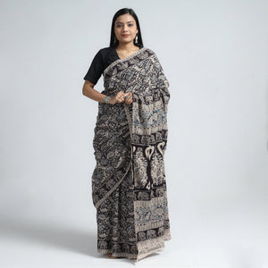 Black - Pedana Block Print Cotton Kalamkari Saree