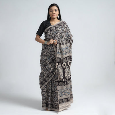 Black - Pedana Block Print Cotton Kalamkari Saree