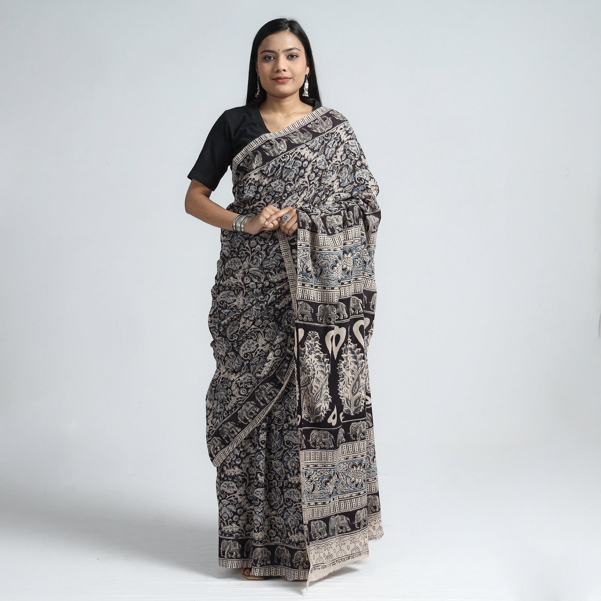 Black - Pedana Block Print Cotton Kalamkari Saree