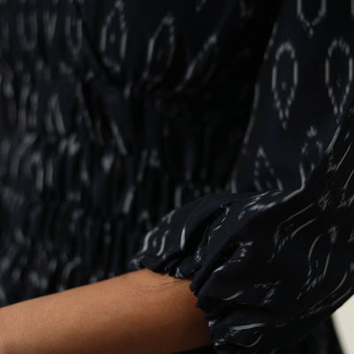 Black - Mercerized Cotton Flared Pochampally Ikat Dress 09