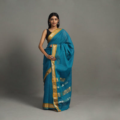 Blue - Checks Zari Dobby Cotton Handloom Saree 25