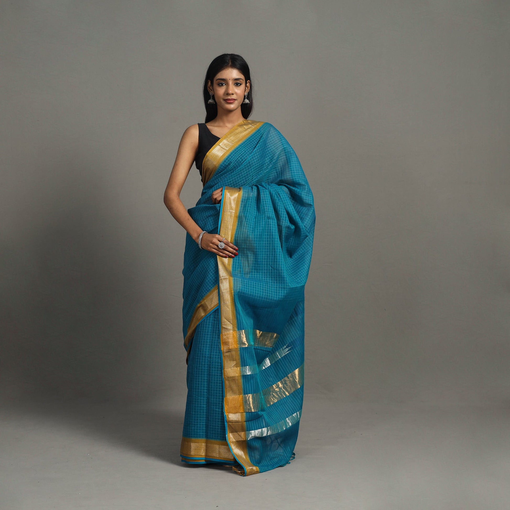 Blue - Checks Zari Dobby Cotton Handloom Saree 25