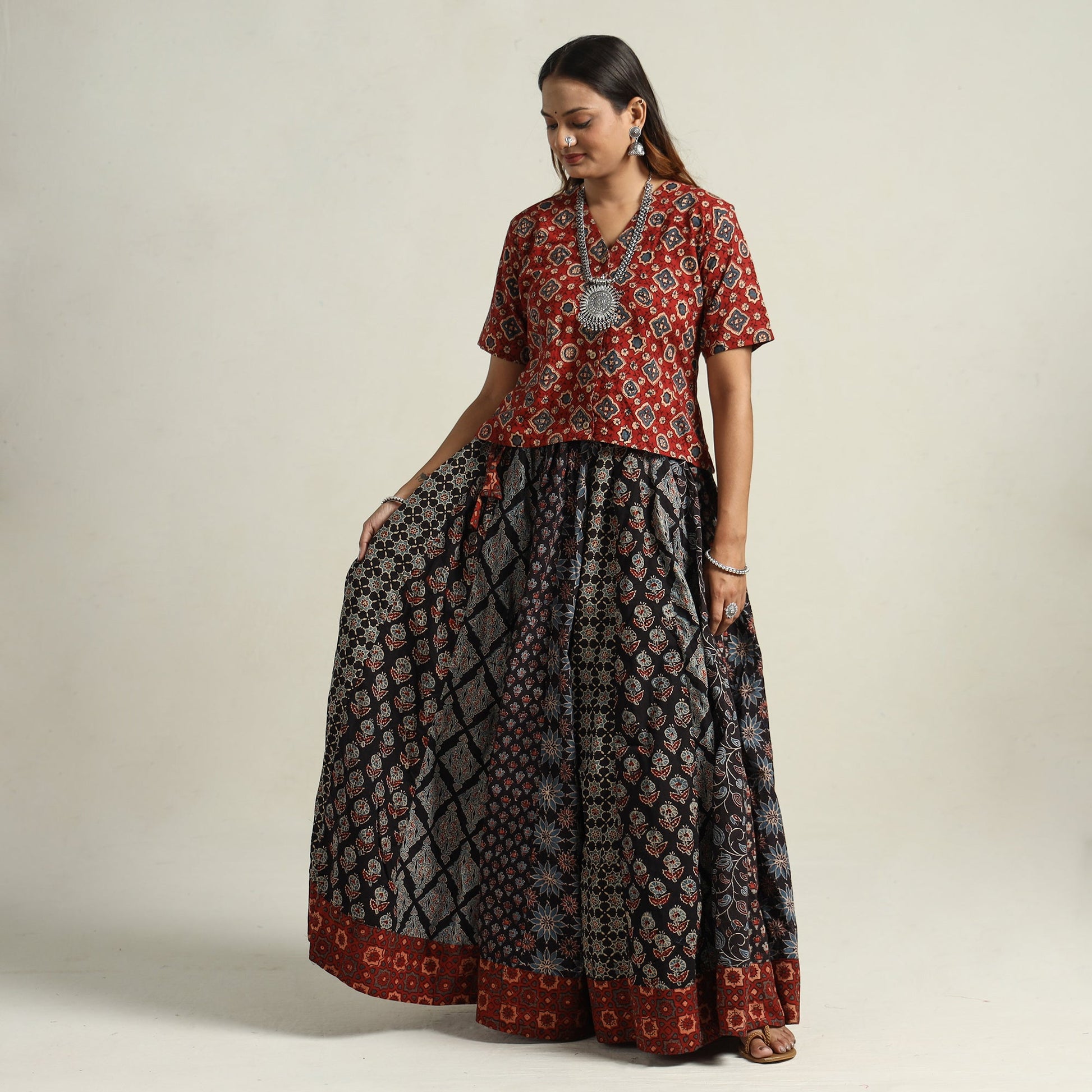 Black - Ajrakh Block Printed 24 Kali Patchwork Cotton Long Skirt 16