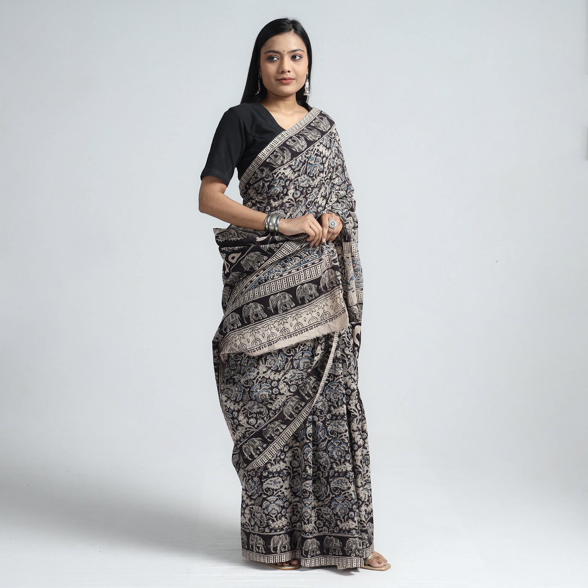 Black - Pedana Block Print Cotton Kalamkari Saree