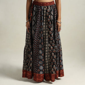 Black - Ajrakh Block Printed 24 Kali Patchwork Cotton Long Skirt 16