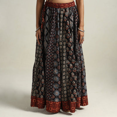 Black - Ajrakh Block Printed 24 Kali Patchwork Cotton Long Skirt 16