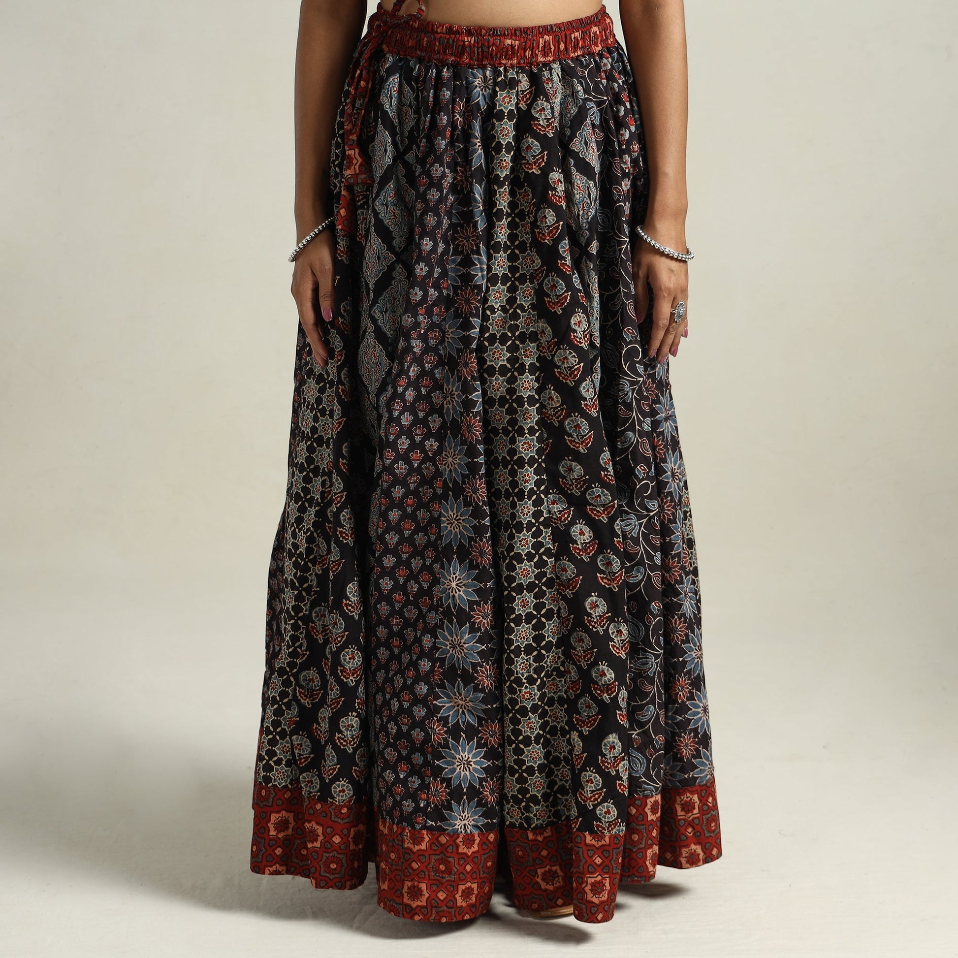 Black - Ajrakh Block Printed 24 Kali Patchwork Cotton Long Skirt 16