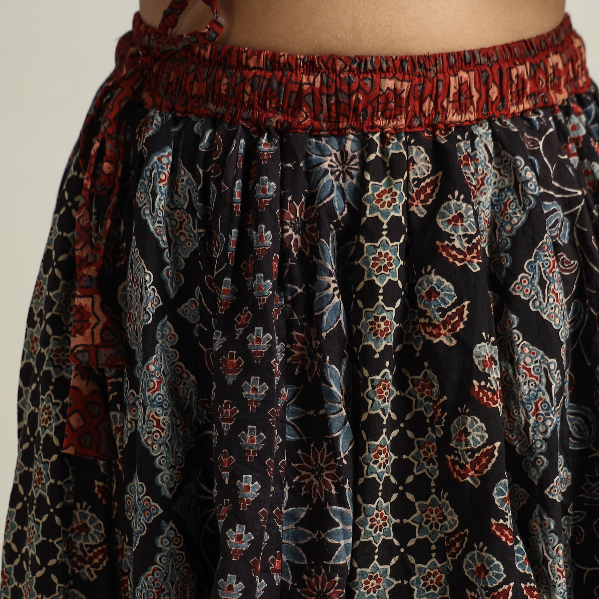 Black - Ajrakh Block Printed 24 Kali Patchwork Cotton Long Skirt 16