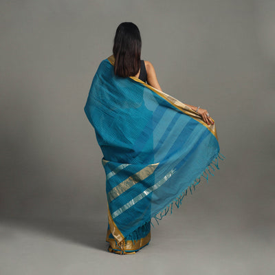 Blue - Checks Zari Dobby Cotton Handloom Saree 25