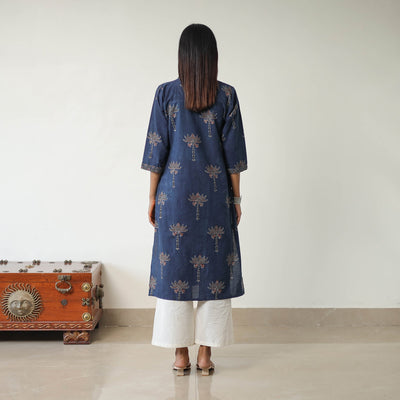 Blue - Block Printed Cotton Straight Ajrakh Kurta 20