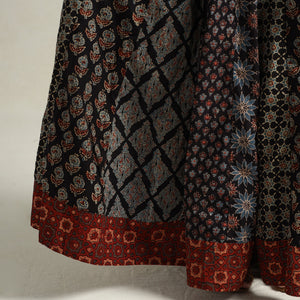 Black - Ajrakh Block Printed 24 Kali Patchwork Cotton Long Skirt 16