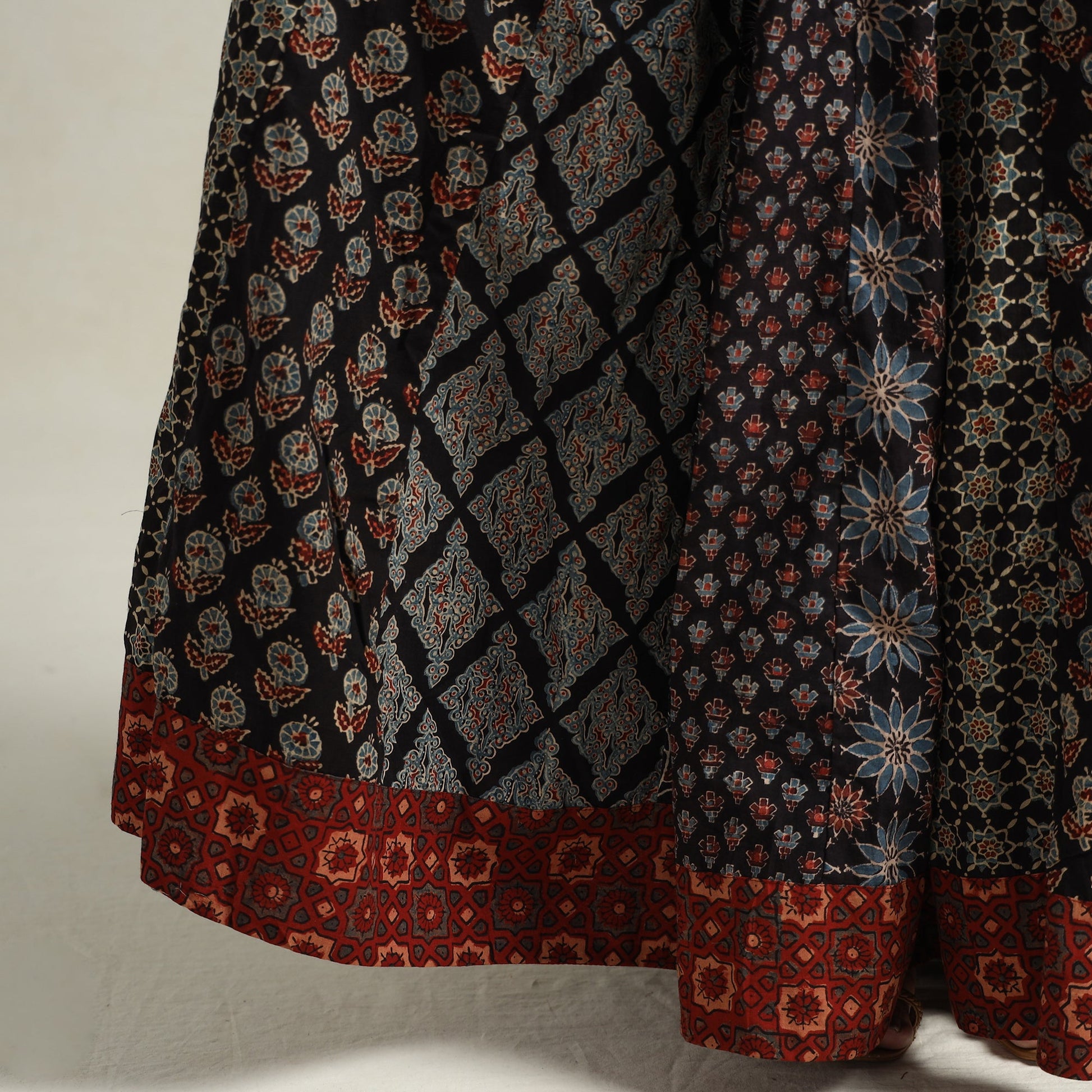 Black - Ajrakh Block Printed 24 Kali Patchwork Cotton Long Skirt 16
