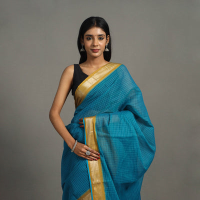 Blue - Checks Zari Dobby Cotton Handloom Saree 25
