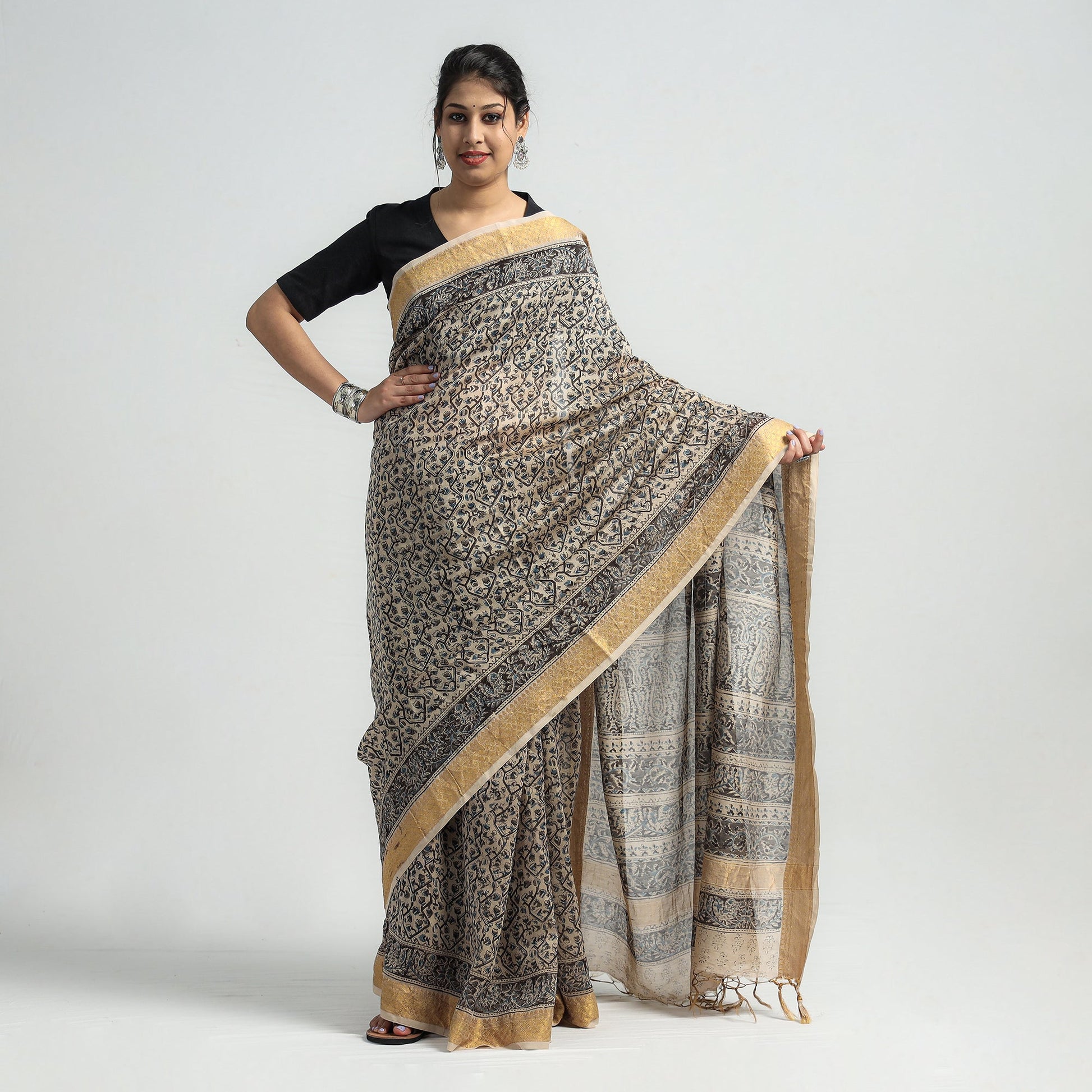 Black - Original Pedana Kalamkari Block Print Silk Saree