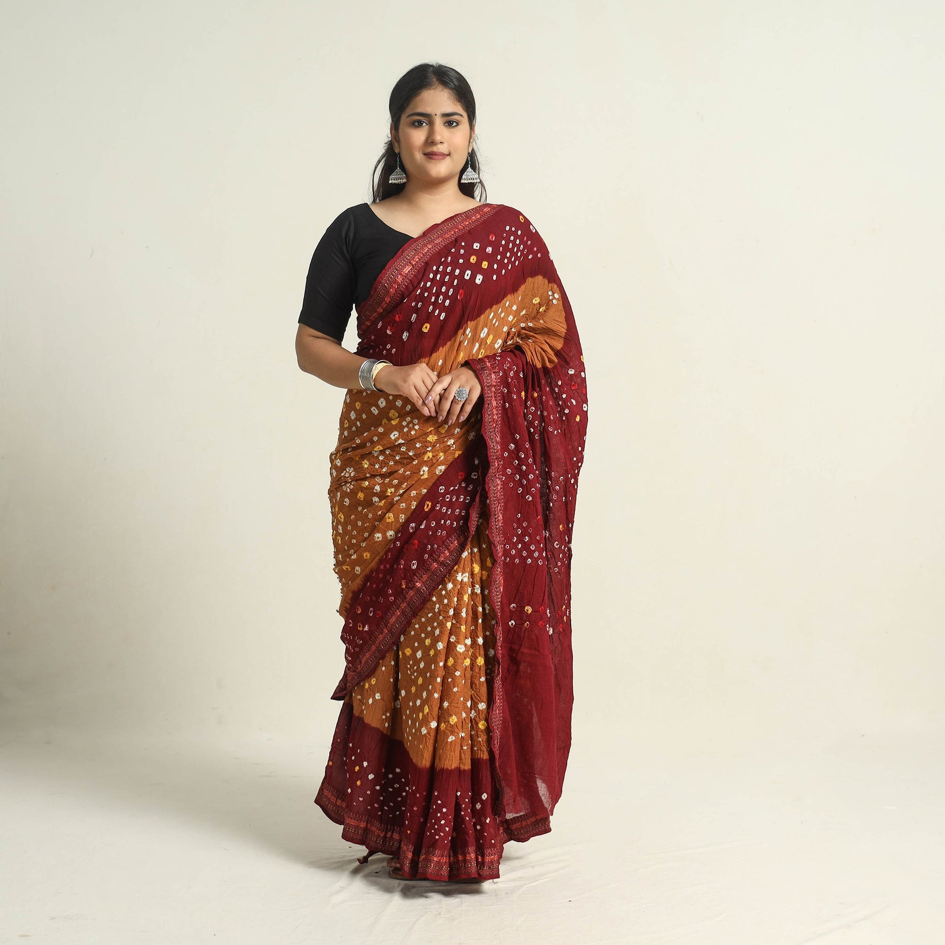 Brown - Kutch Tie-Dye Cotton Bandhani Saree with Blouse Piece 48